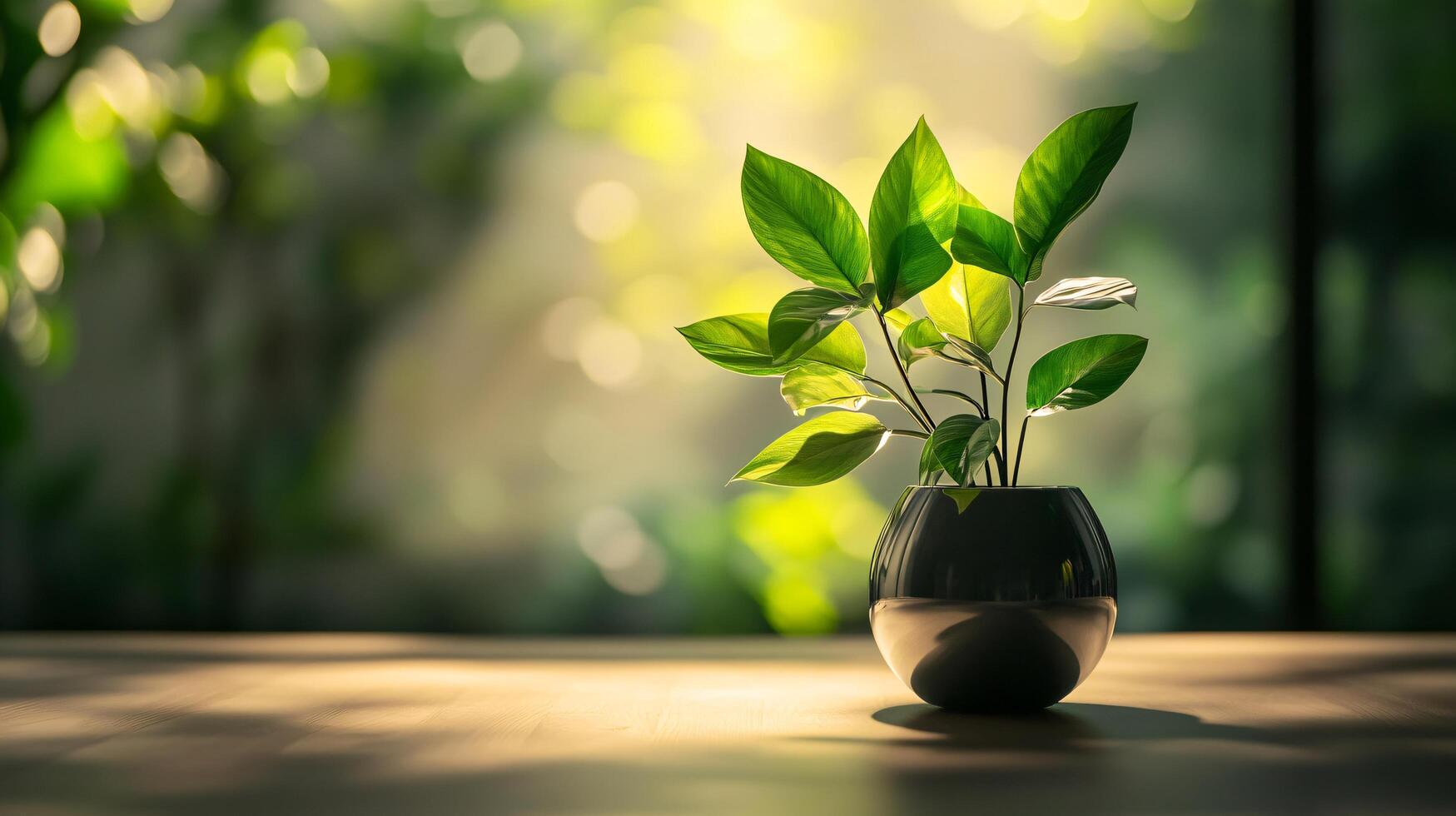 A small plant is in a vase on a table photo