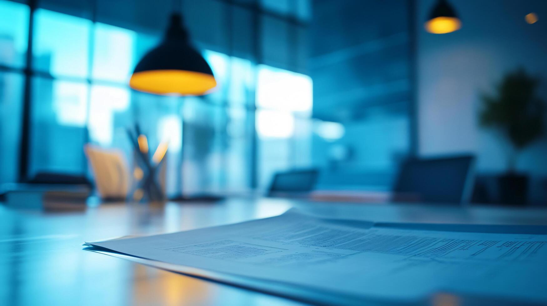 A desk with a lamp and a piece of paper on it photo