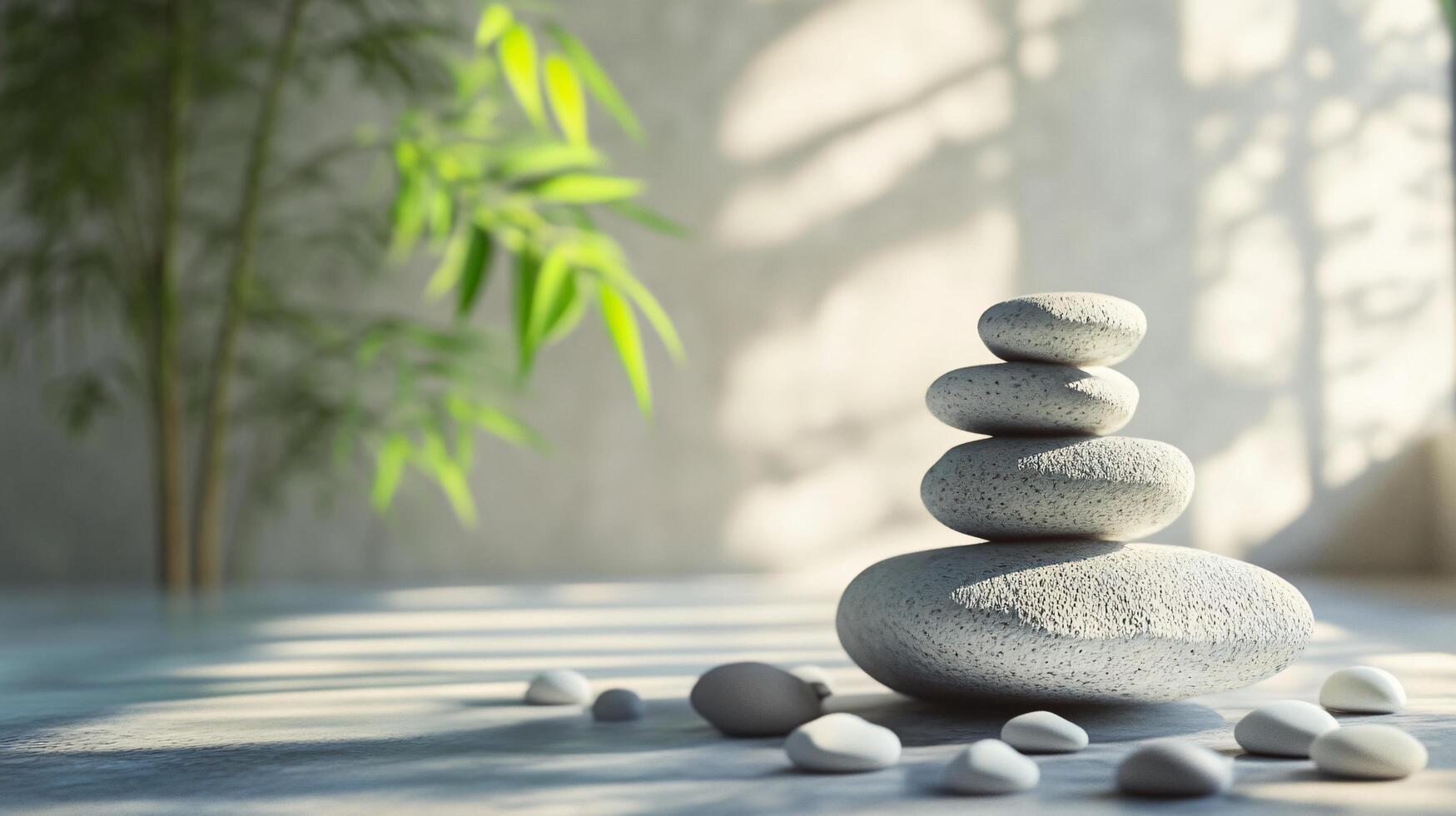 A stone pyramid is placed on a table with a potted plant in the background photo