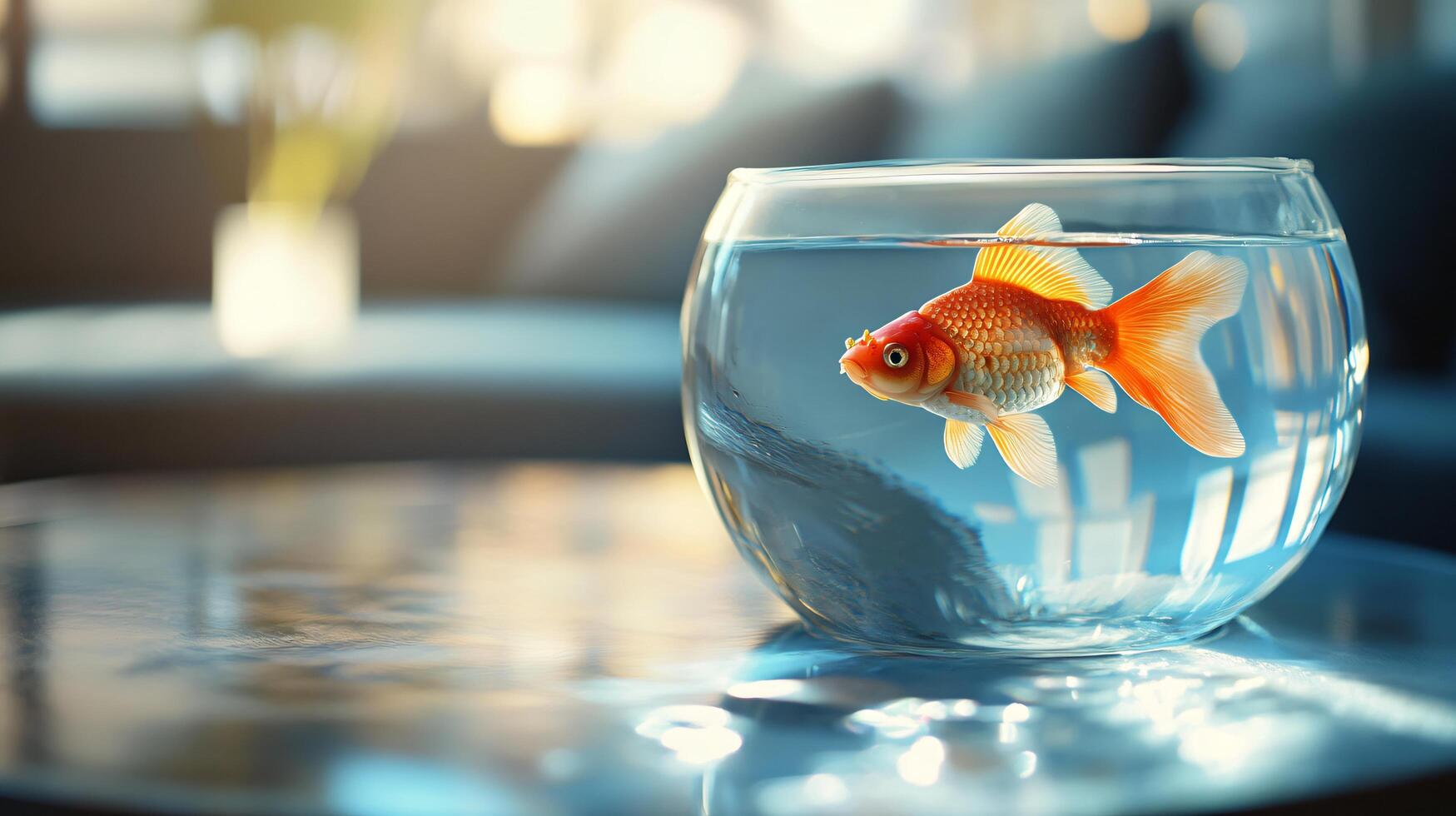 A goldfish is swimming in a clear glass bowl on a table photo