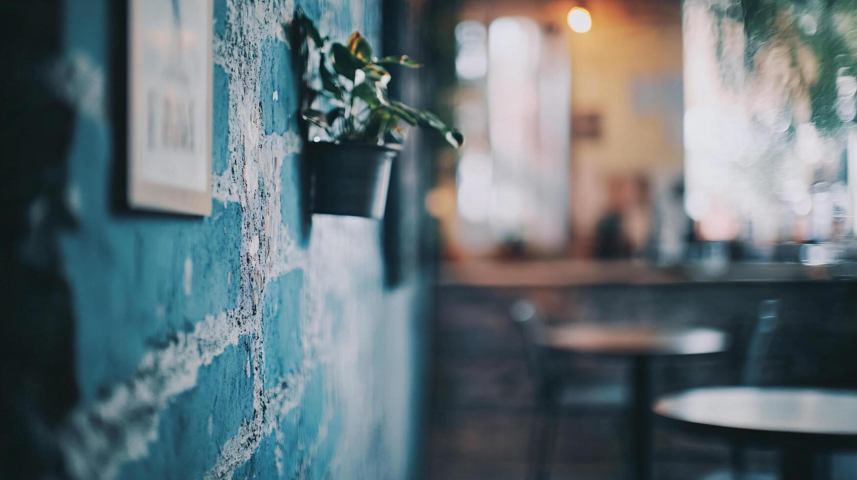 A wall with a blue background and a plant in a pot photo