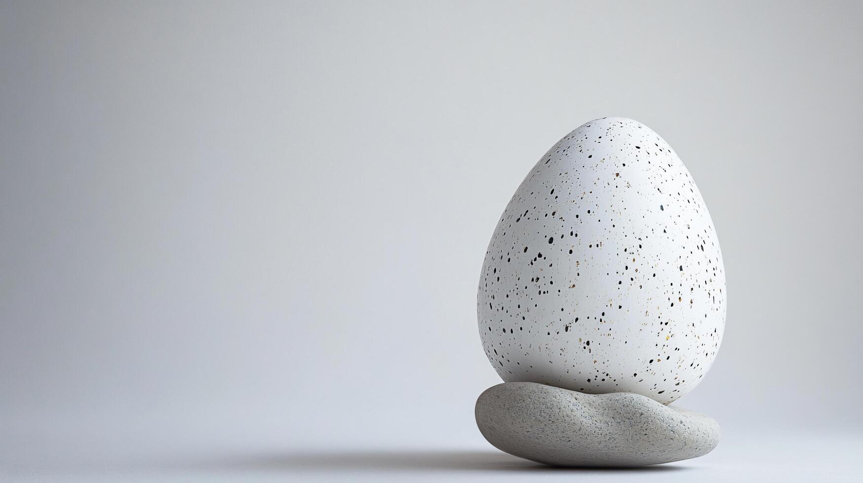 A white egg shaped object sits on top of a gray rock photo