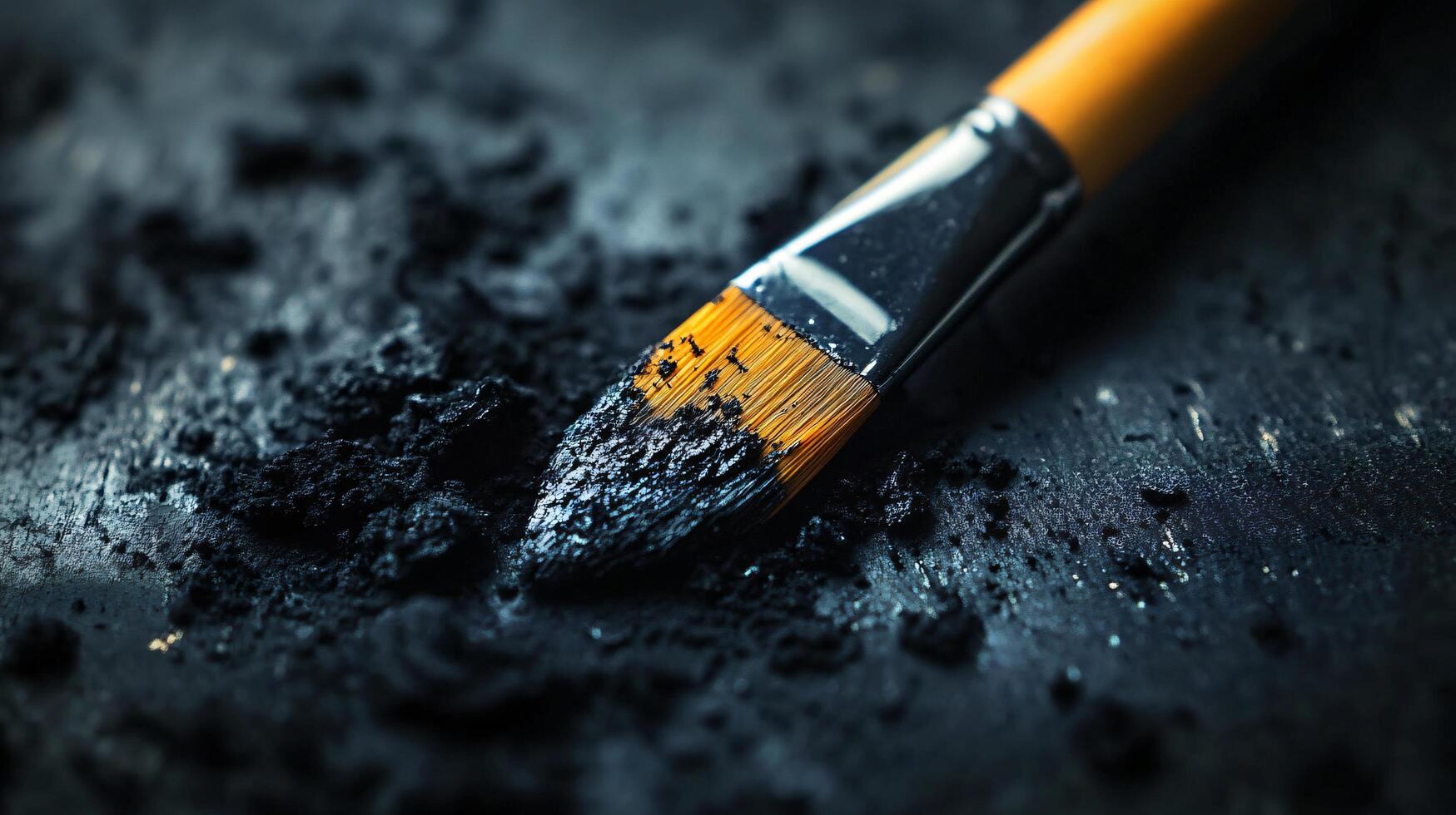 A paintbrush with black bristles is on a black surface photo