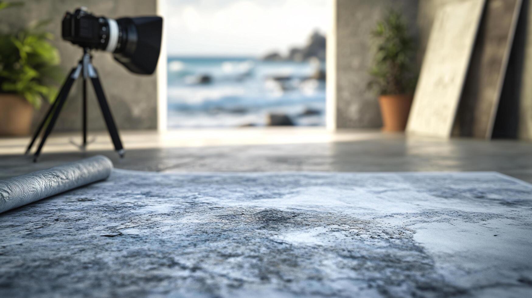 A camera is set up in front of a large piece of paper with a map on it photo