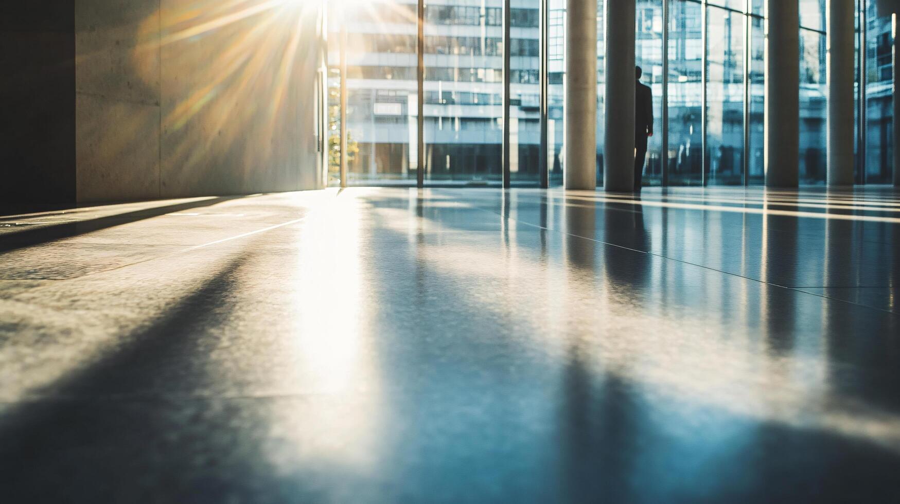 A man is walking in a large, empty building with a lot of windows photo