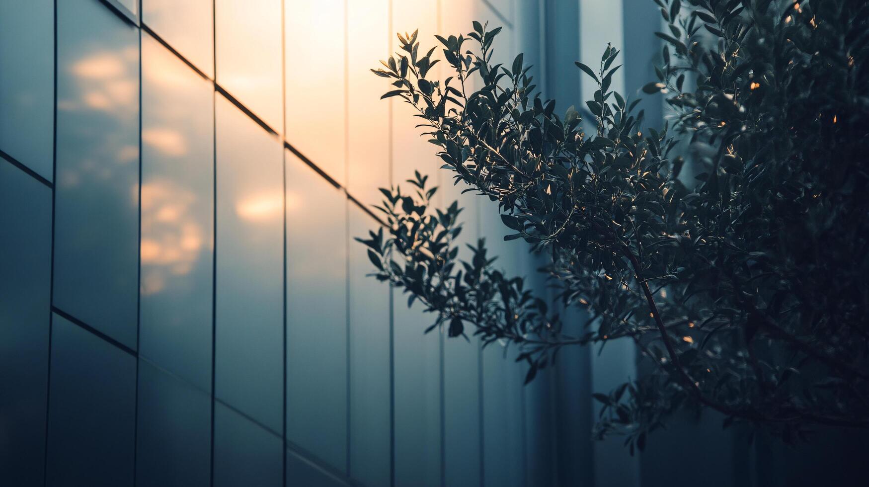 A tree is in front of a building with a blue sky in the background photo