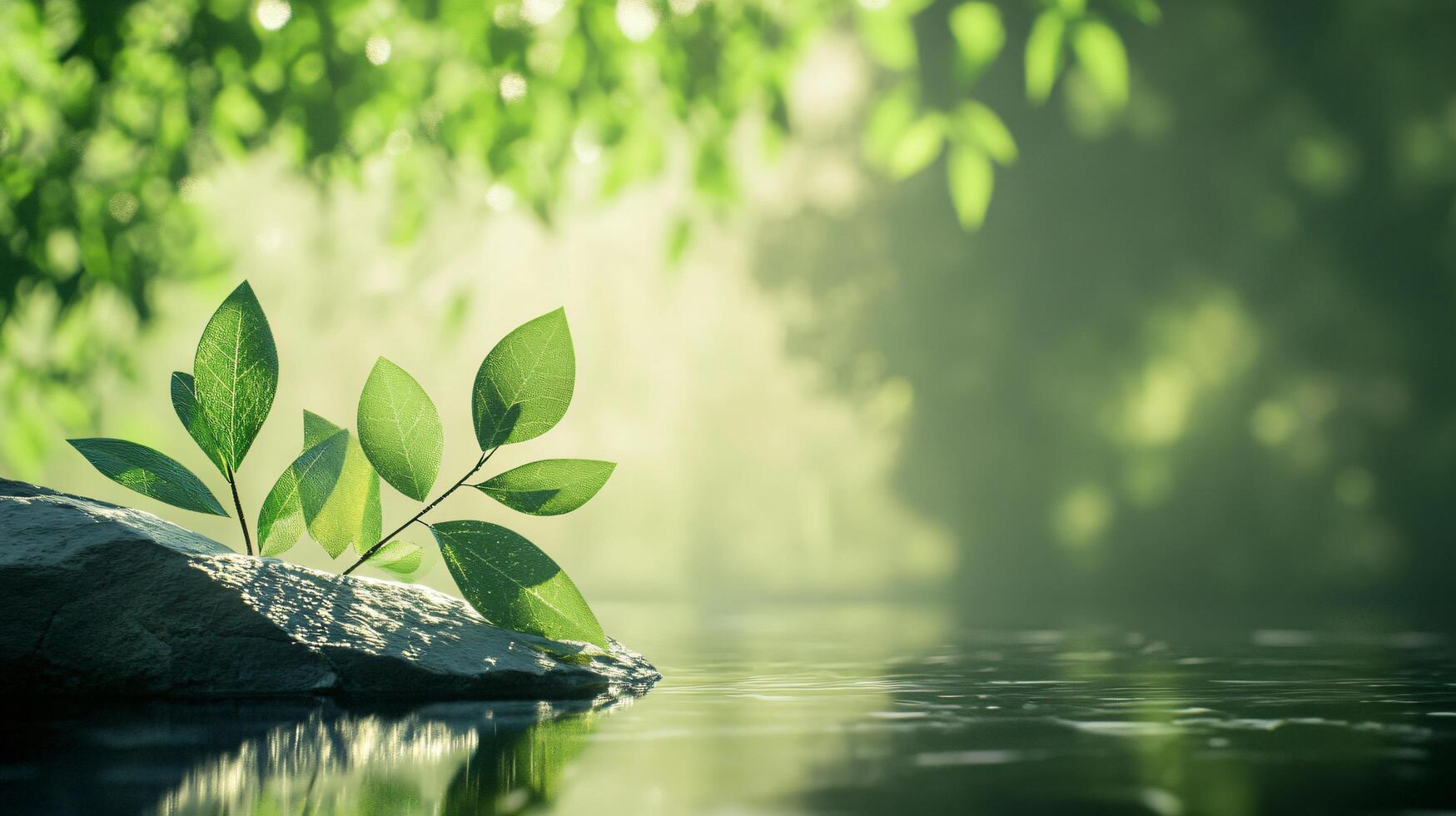 A leafy plant is growing on a rock near a body of water photo