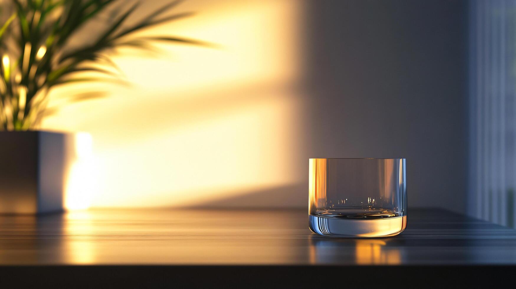 A glass on a table with a plant in the background photo