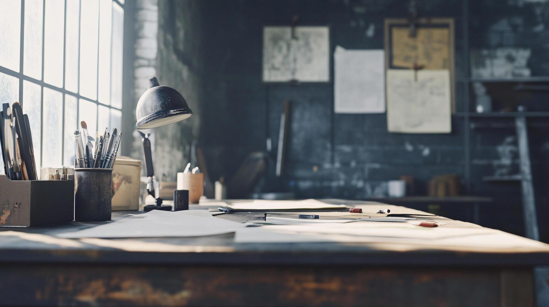 A desk with a lamp and a few pens and pencils on it photo