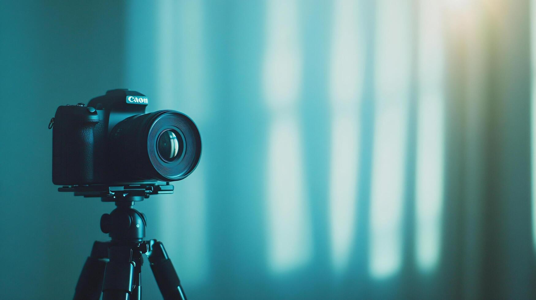 A Canon camera is on a tripod, ready to take a picture photo