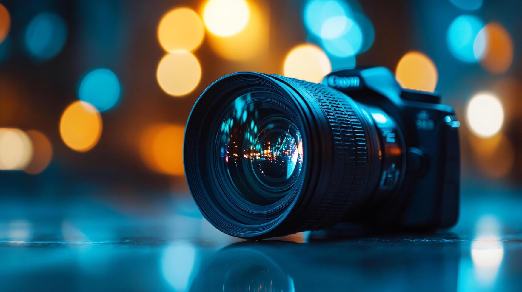 A Canon camera lens is on a table with a blue background photo