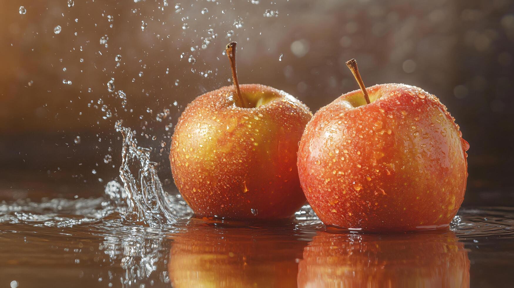 Two apples are sitting in a puddle of water photo