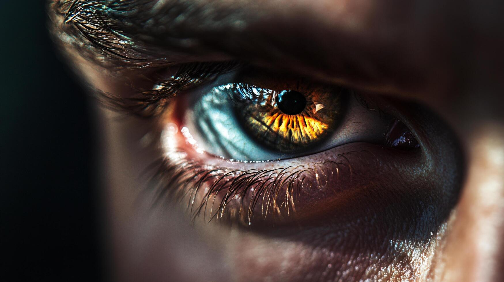 A close up of a man's eye with a dark brown iris and a bright orange pupil photo