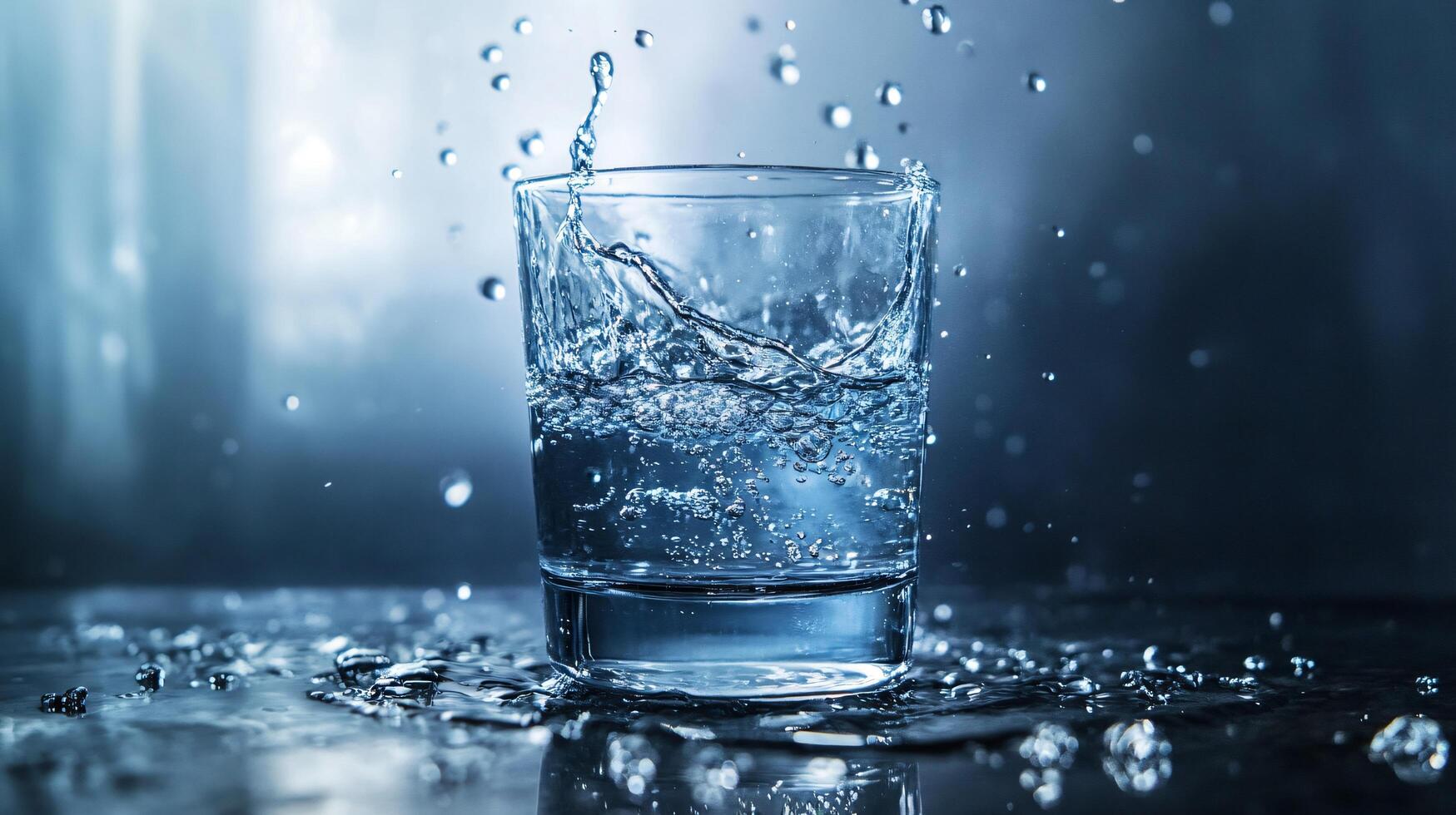 A glass of water is splashing water on the table photo