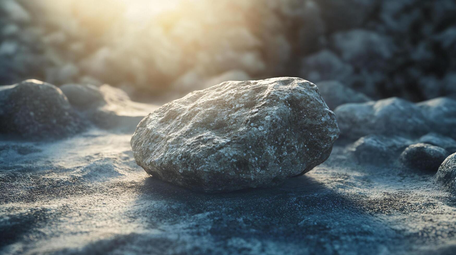 A large rock sits on a beach, surrounded by smaller rocks photo