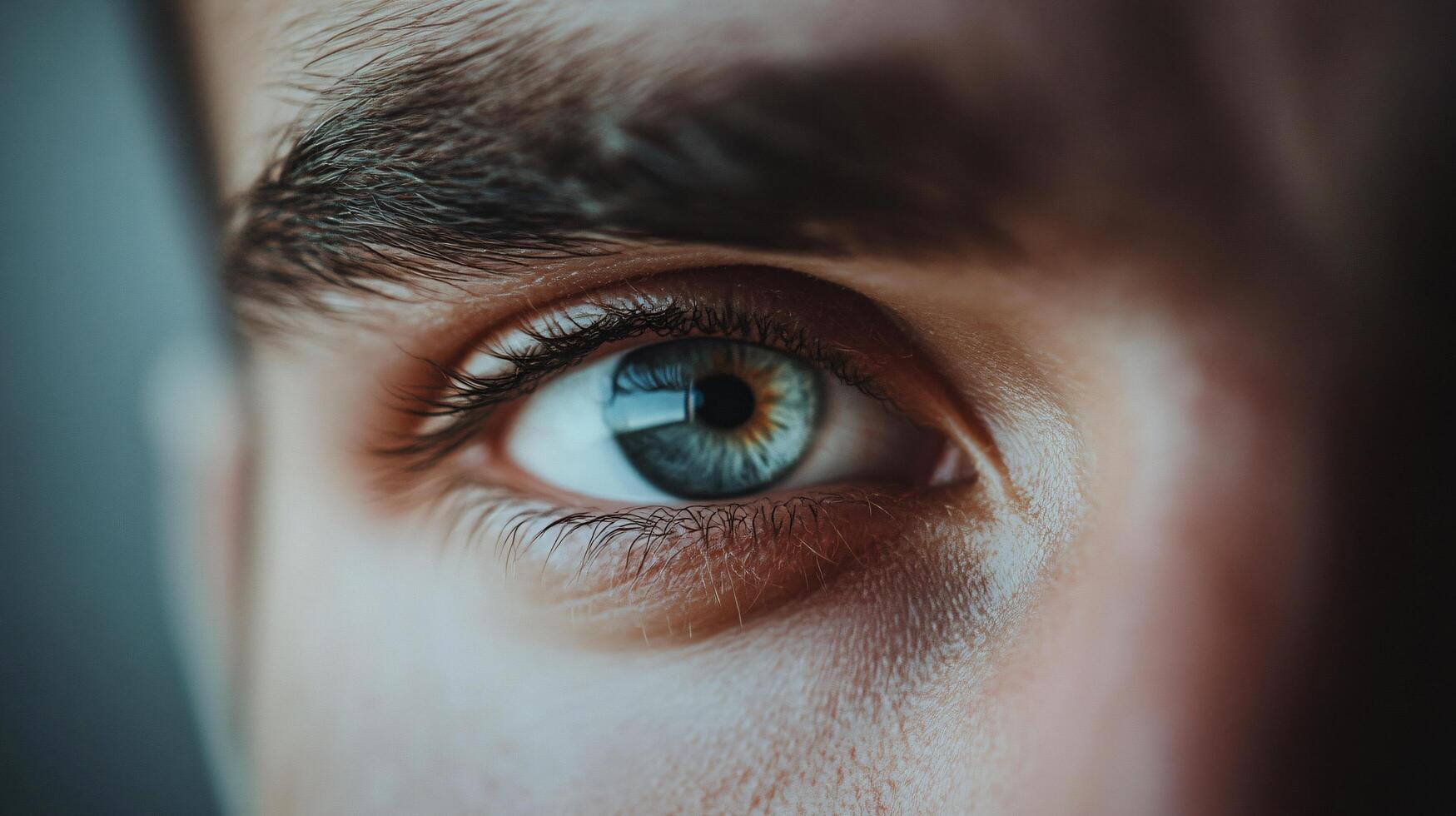 A man's eye is open and has a blue hue photo