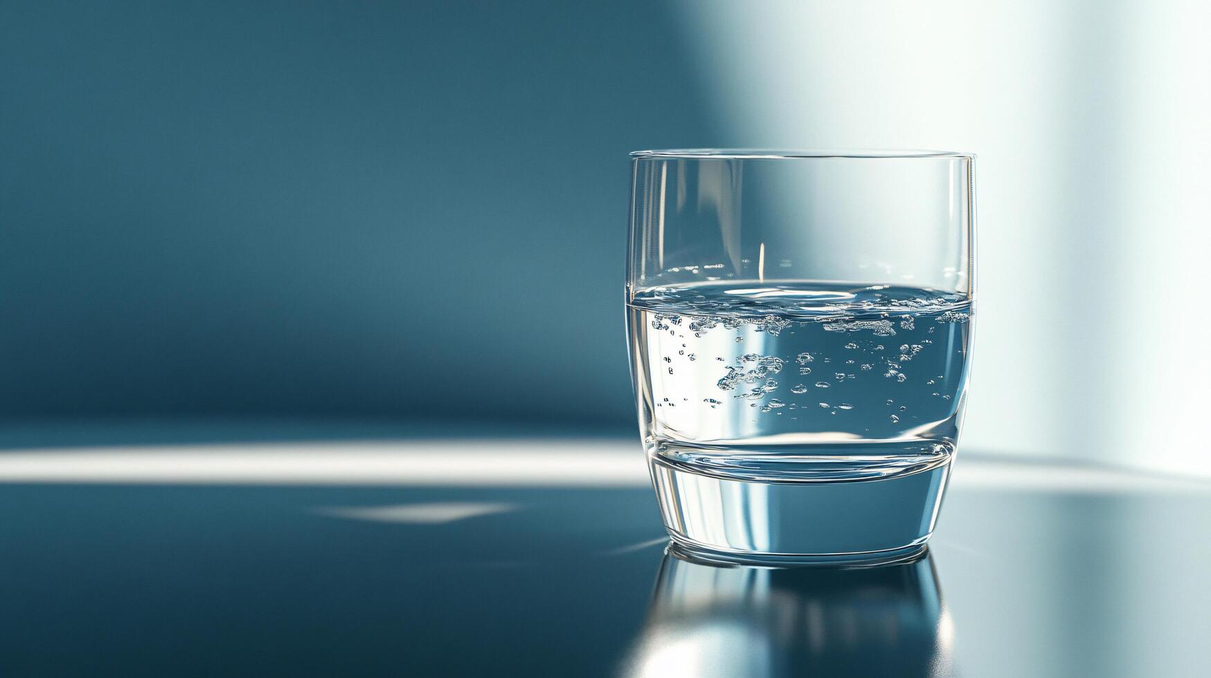 A glass of water is sitting on a table photo