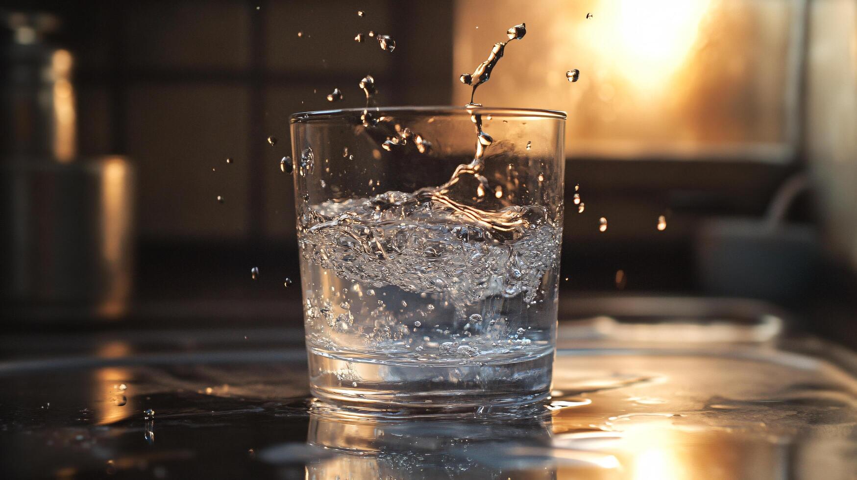 A glass of water is splashing water on a counter photo