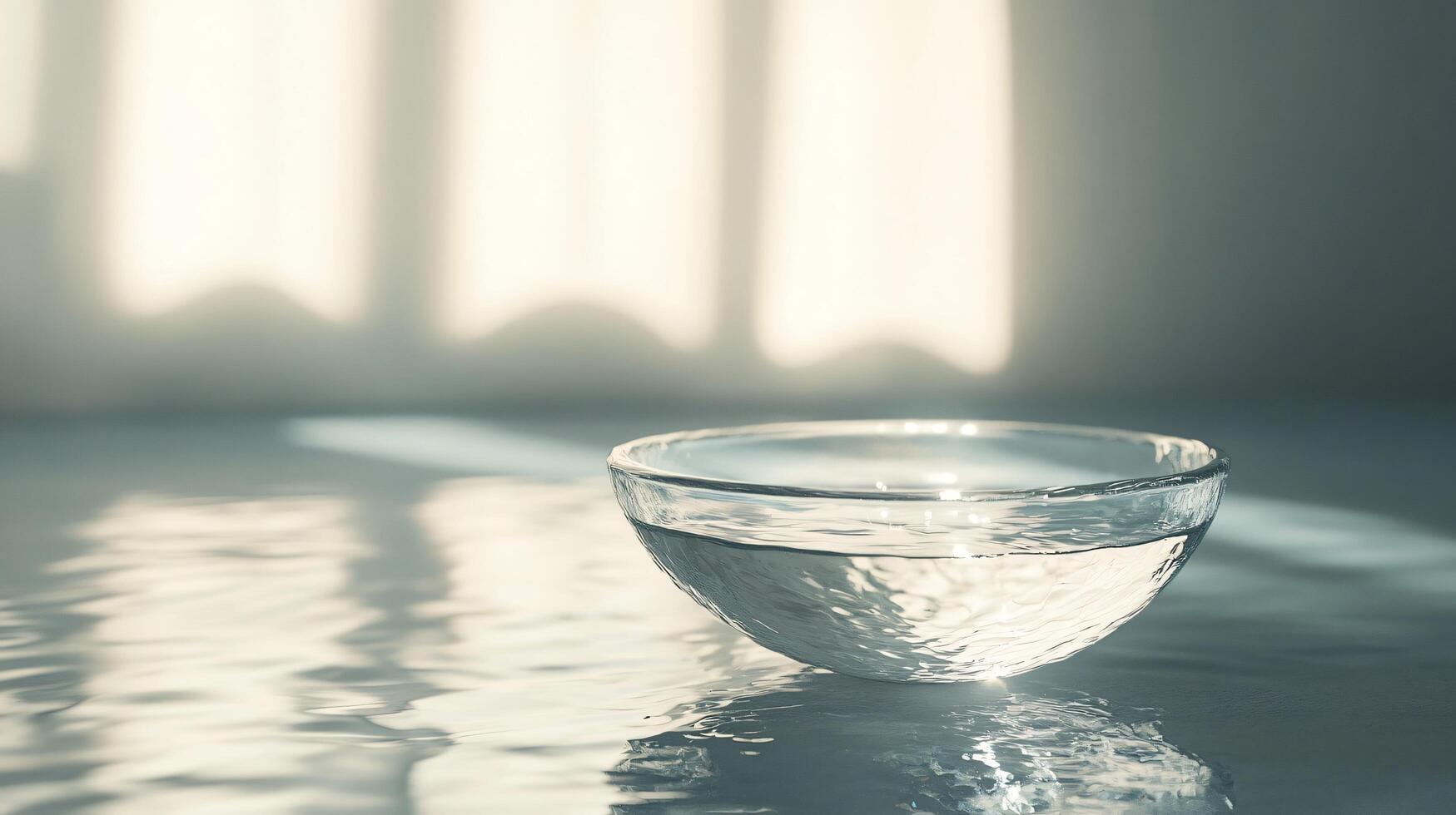 A bowl of water sits on a table, reflecting the light from a window photo