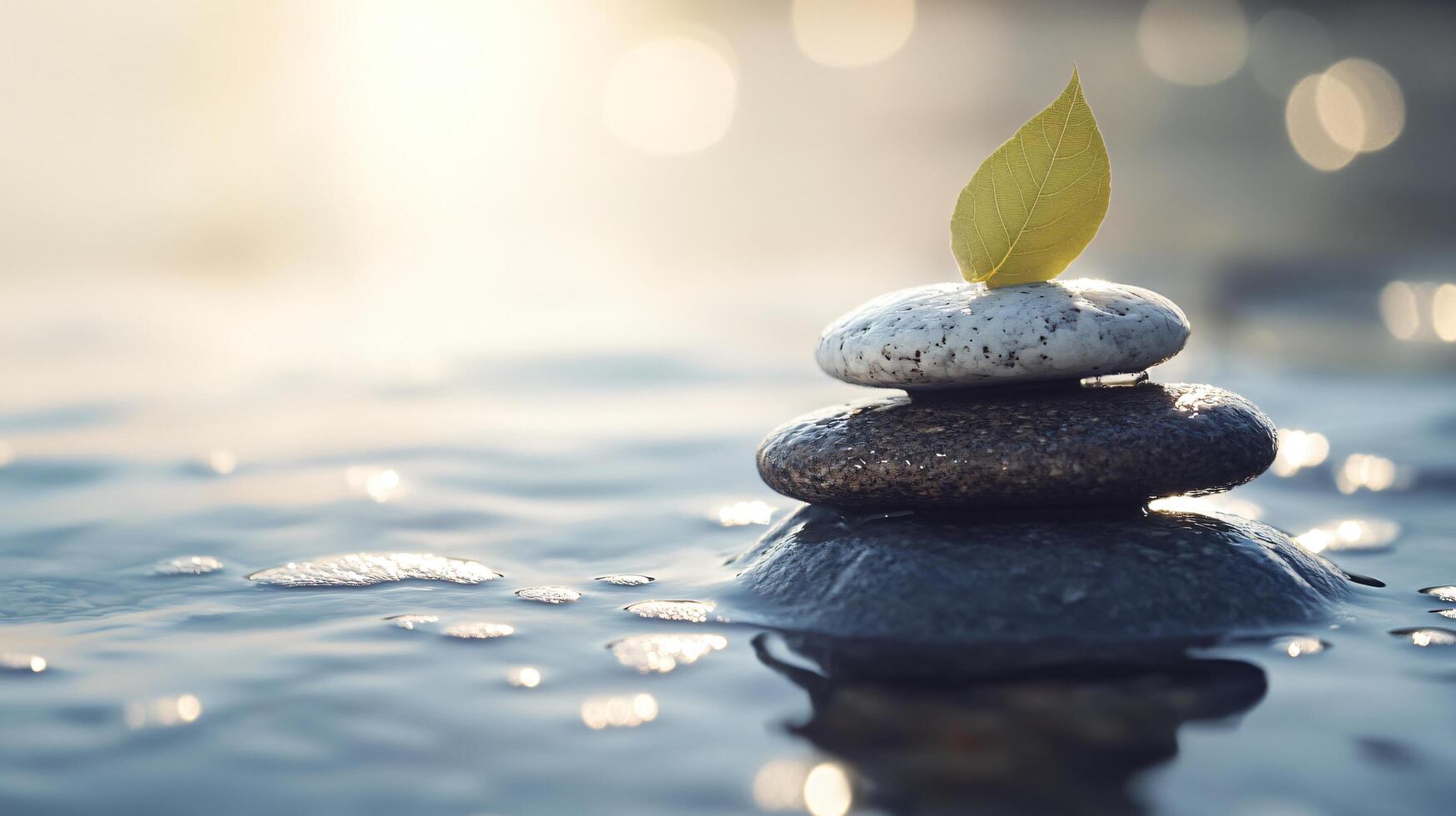 A rock is on top of another rock, and a leaf is on top of the rock photo