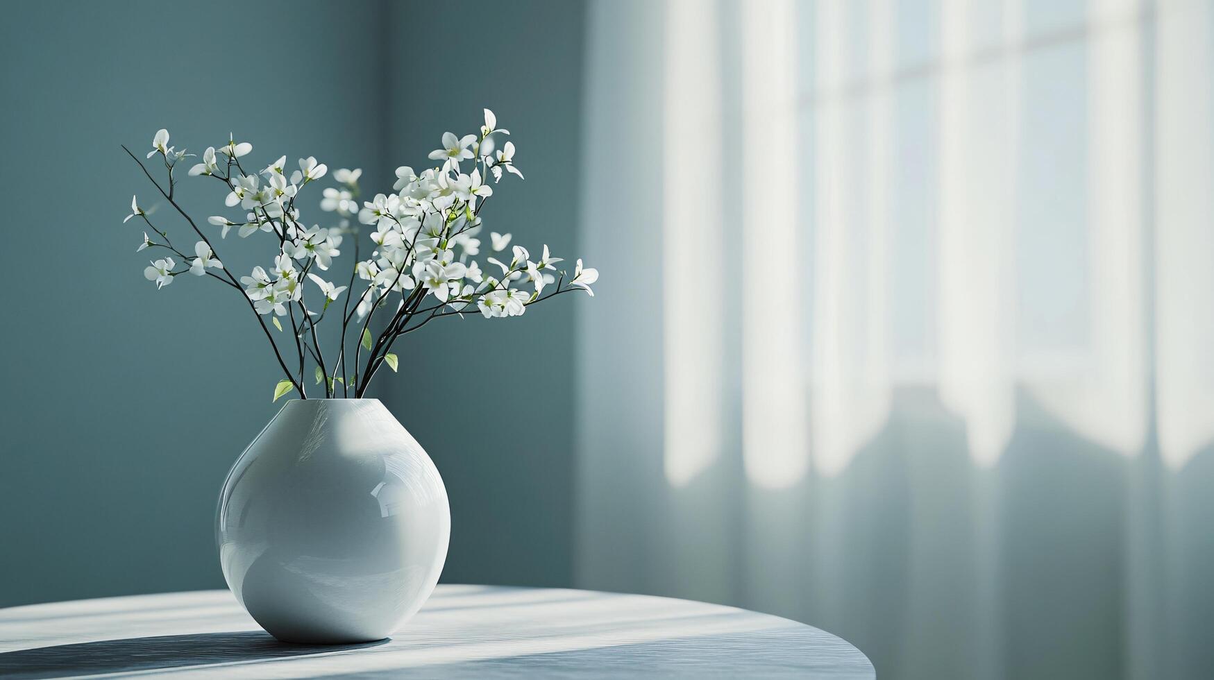 A white vase with flowers sits on a table in a room with a window photo