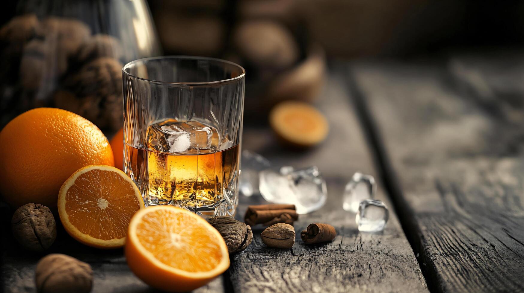 A glass of liquor is on a table with oranges and nuts photo