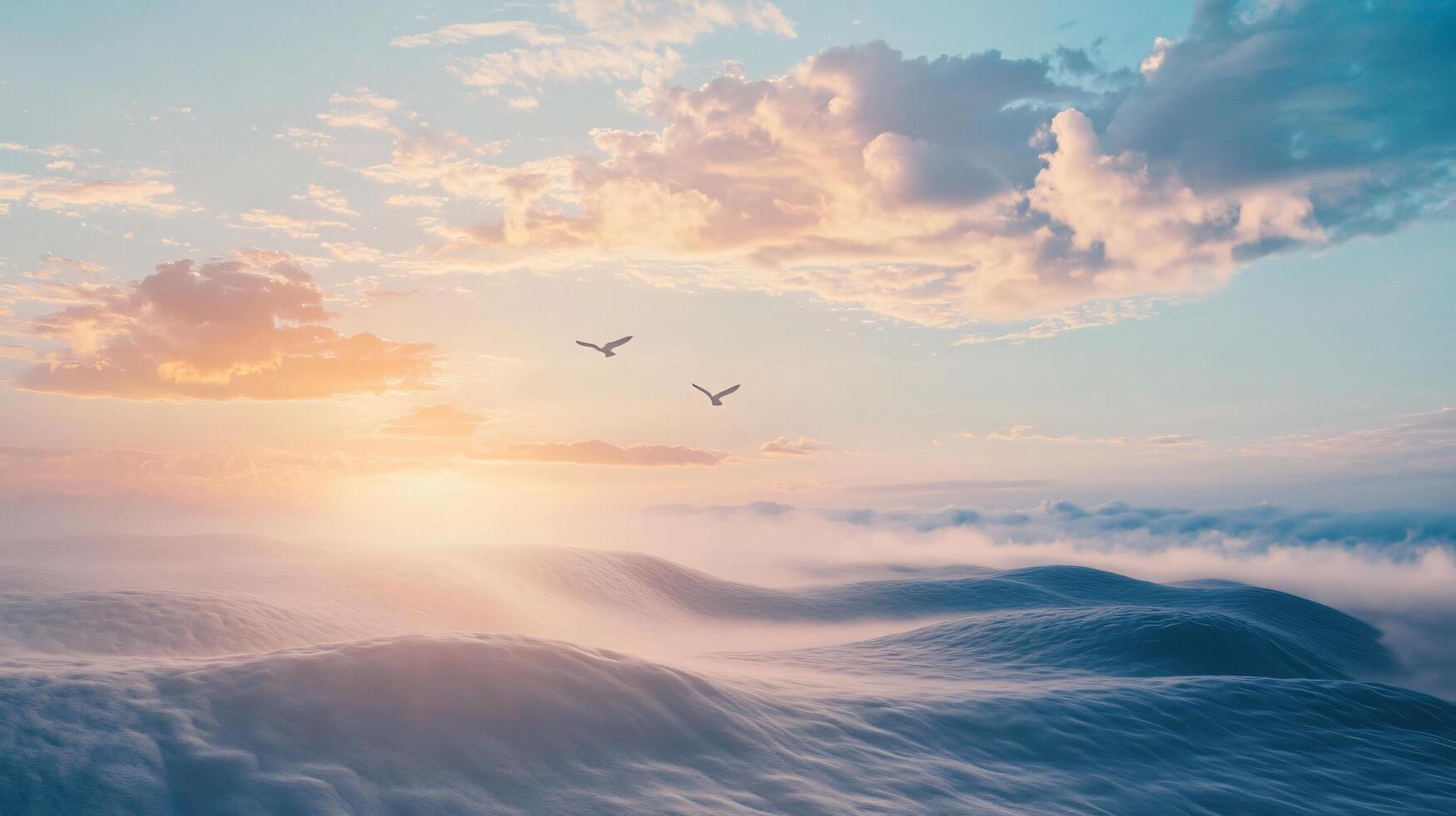 Two birds flying in the sky above a mountain range photo