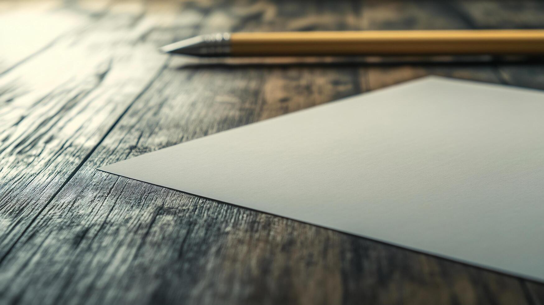 A pencil and a piece of paper are on a wooden table photo