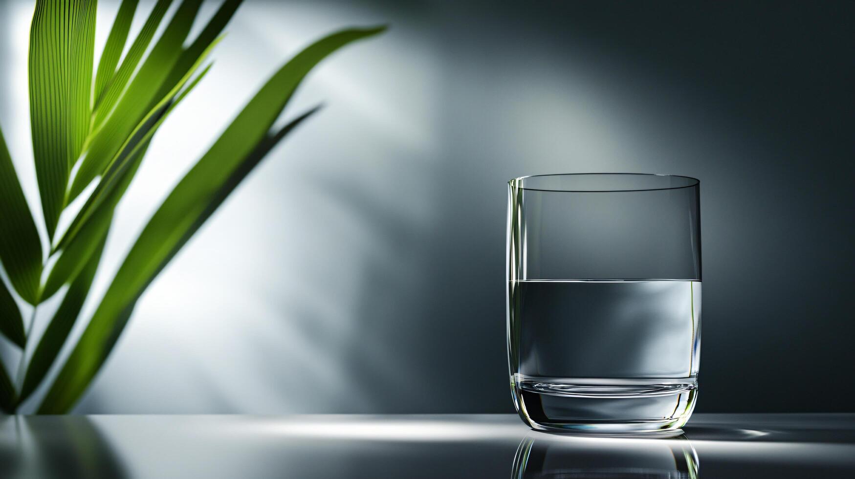A glass of water is sitting on a table next to a leafy plant photo