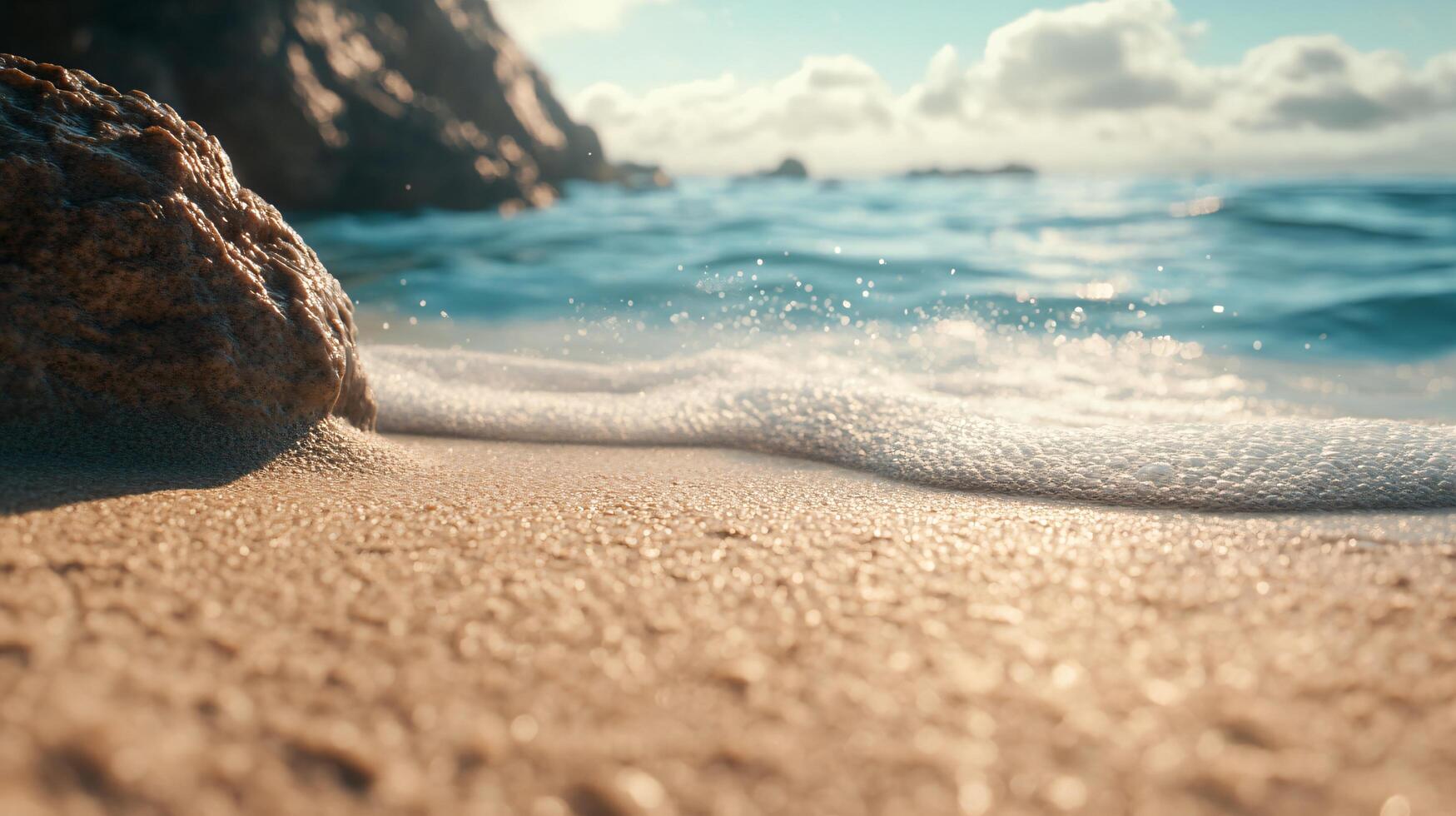 A rock is on the beach next to the ocean photo