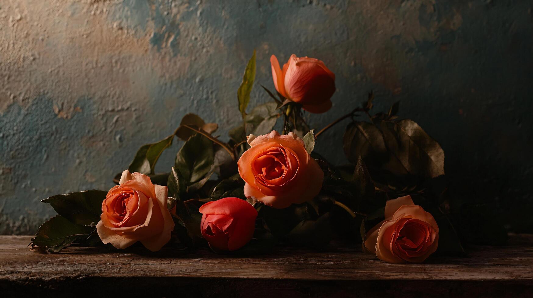 A bouquet of roses is displayed on a wooden table photo