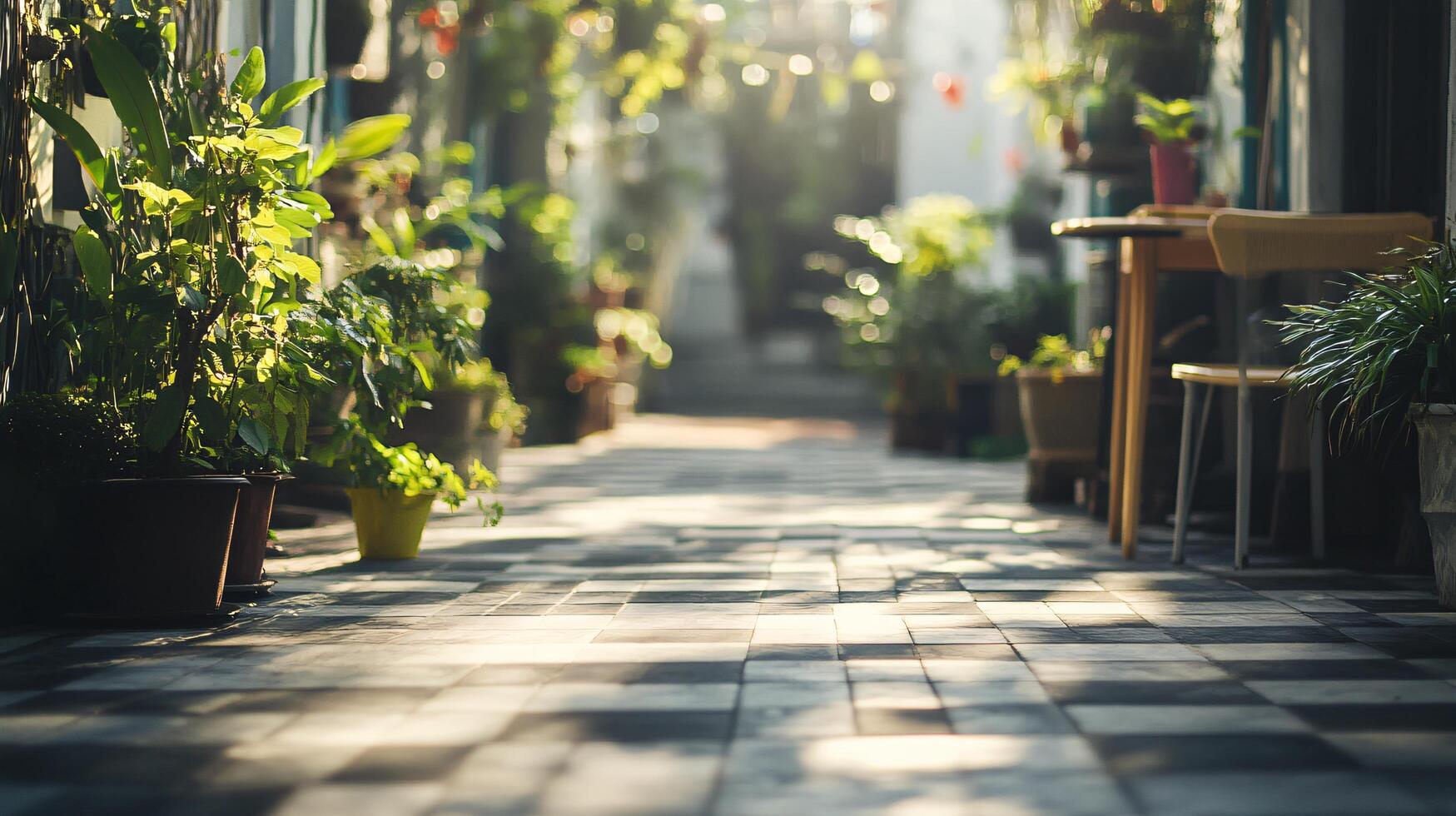 A path with a lot of plants and a table with a chair photo