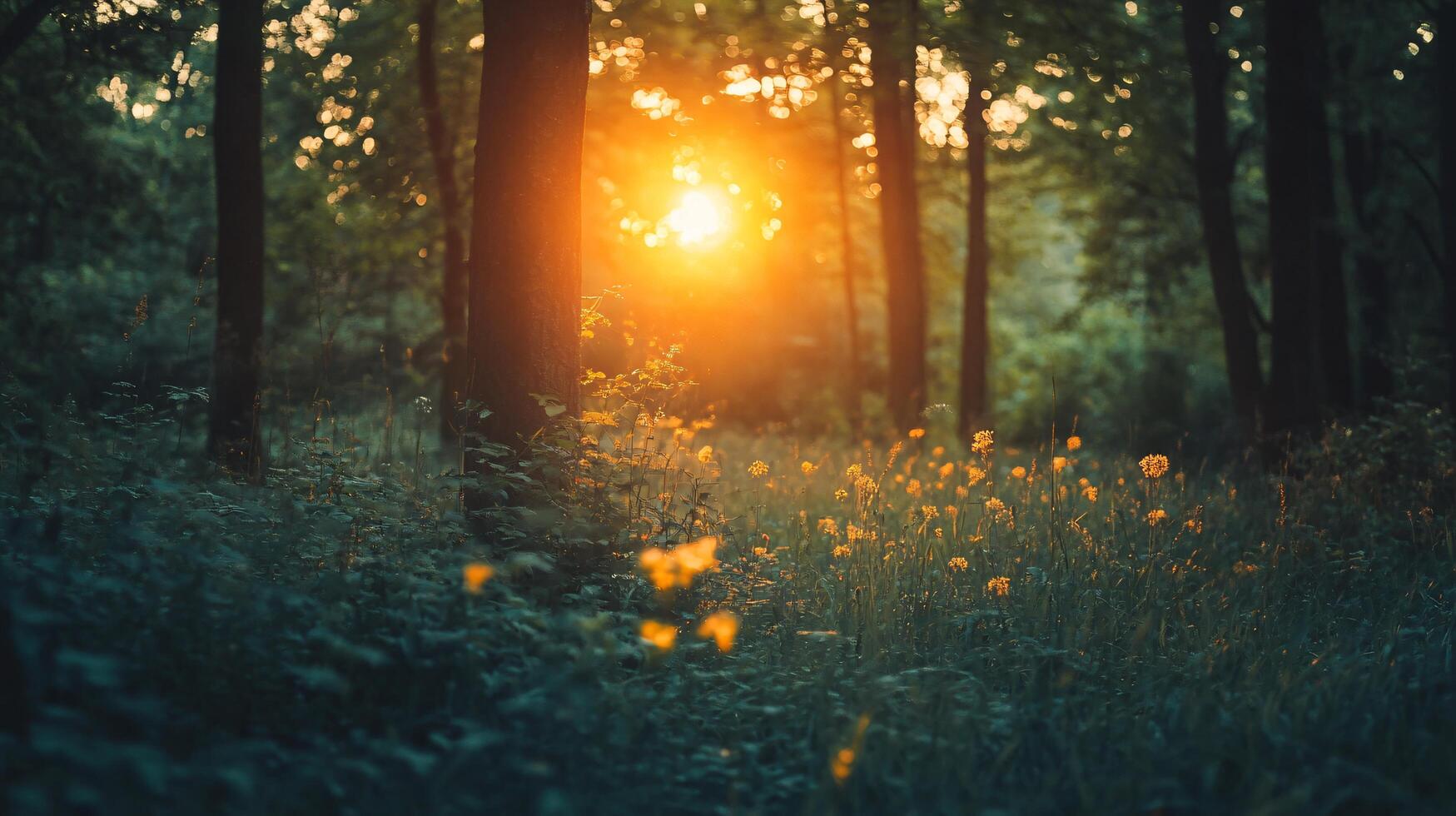 A forest with a sun shining through the trees photo