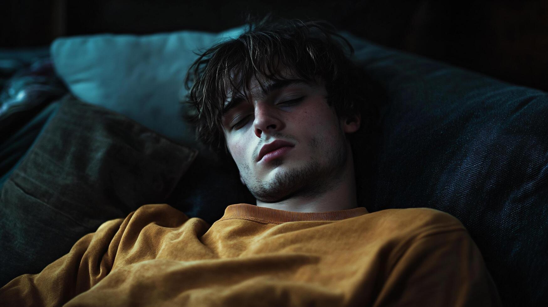 A man in a yellow sweater is sleeping on a couch photo
