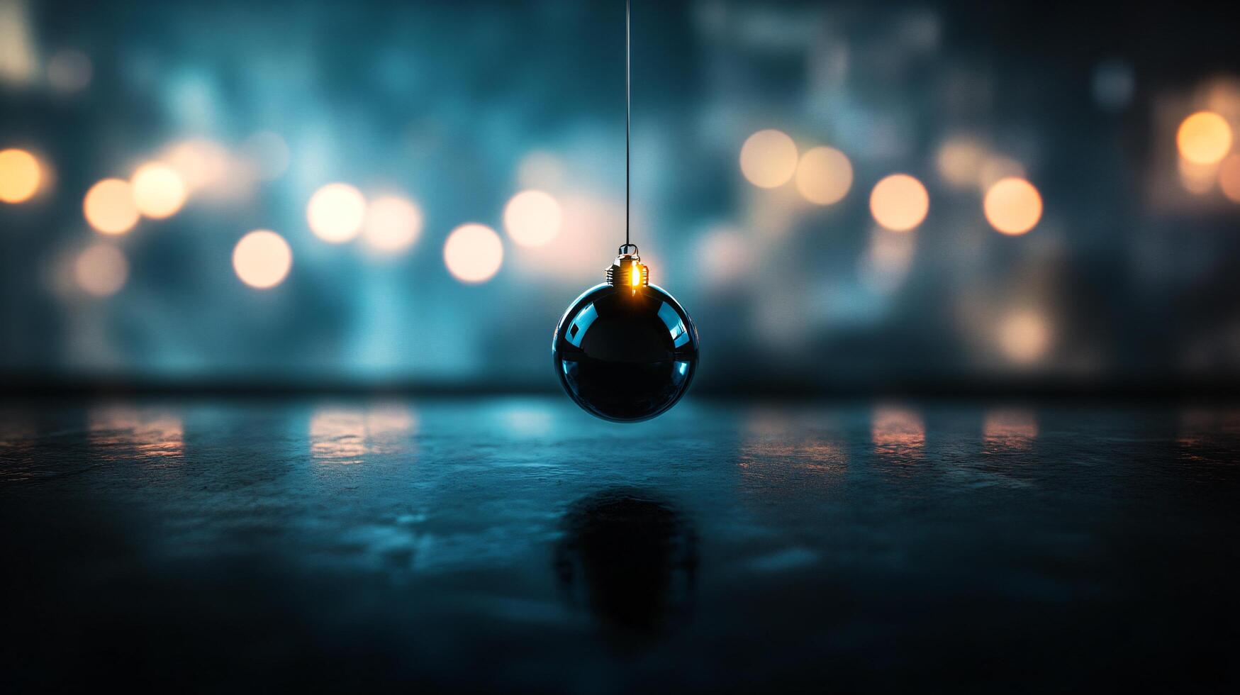 A blue ball is hanging from a string in a dark room photo