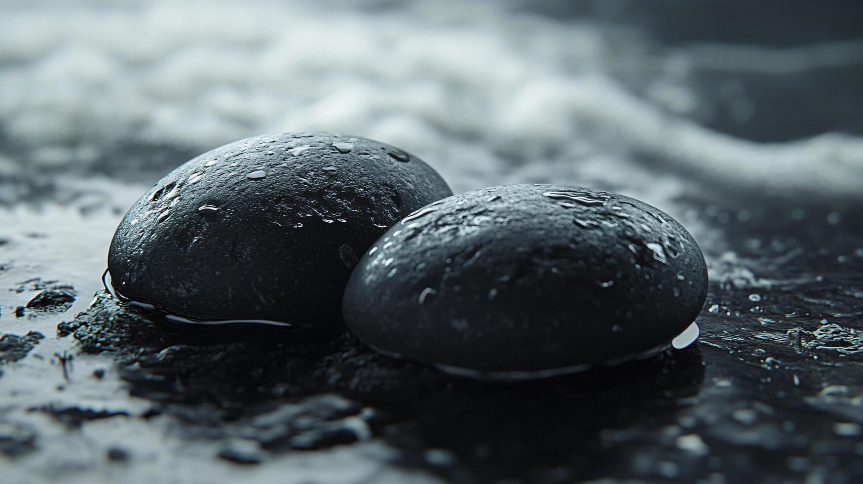 Two black rocks are sitting on a wet surface photo
