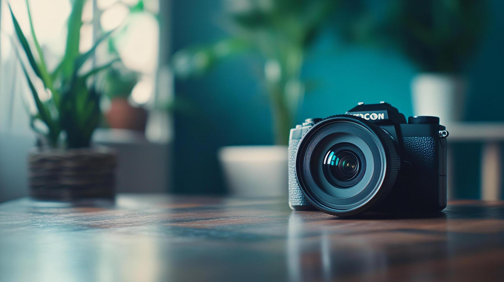 A black camera sits on a wooden table in front of a potted plant photo
