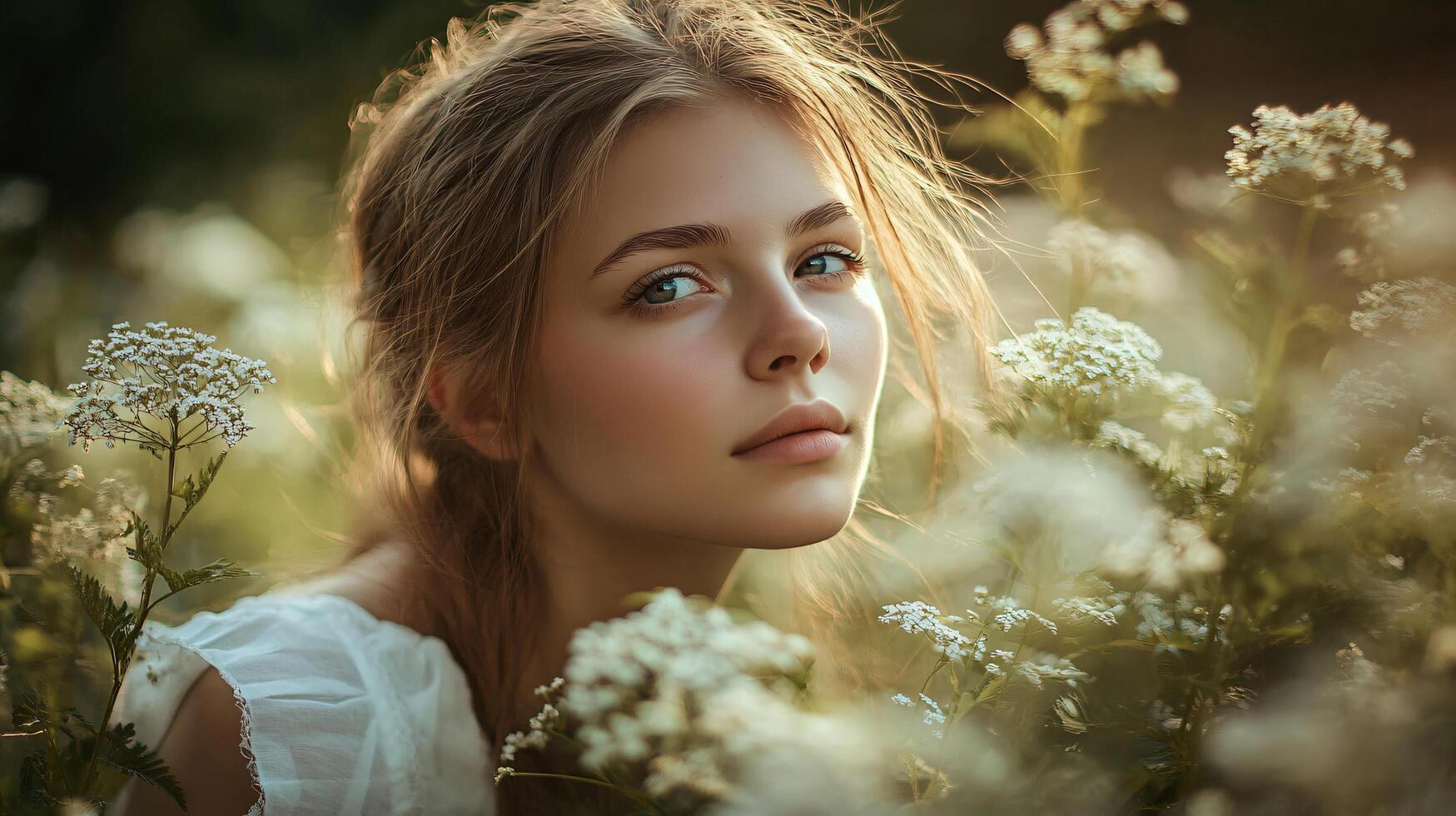 A woman is standing in a field of flowers photo