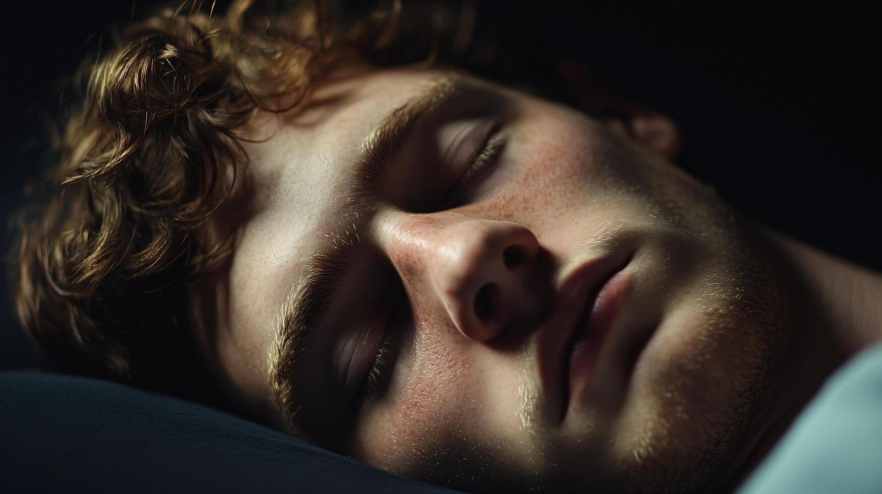 A man with red hair is sleeping on a bed photo