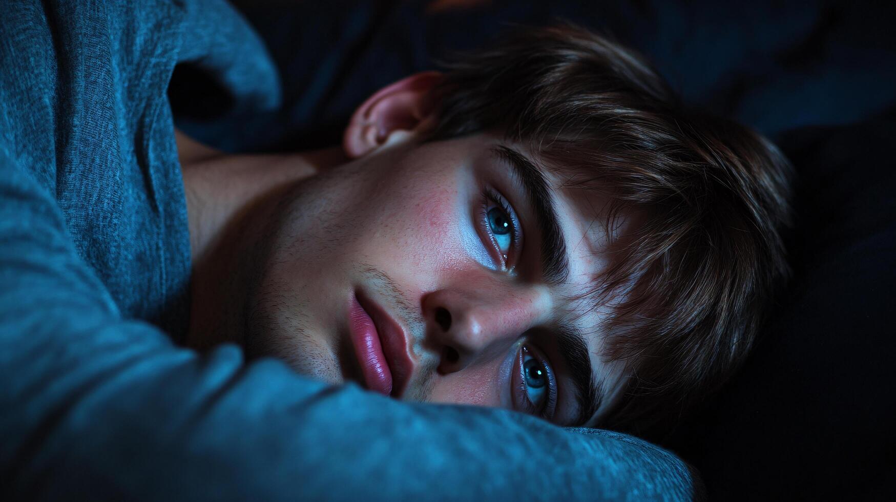 A man is laying on a bed with his head on a pillow photo