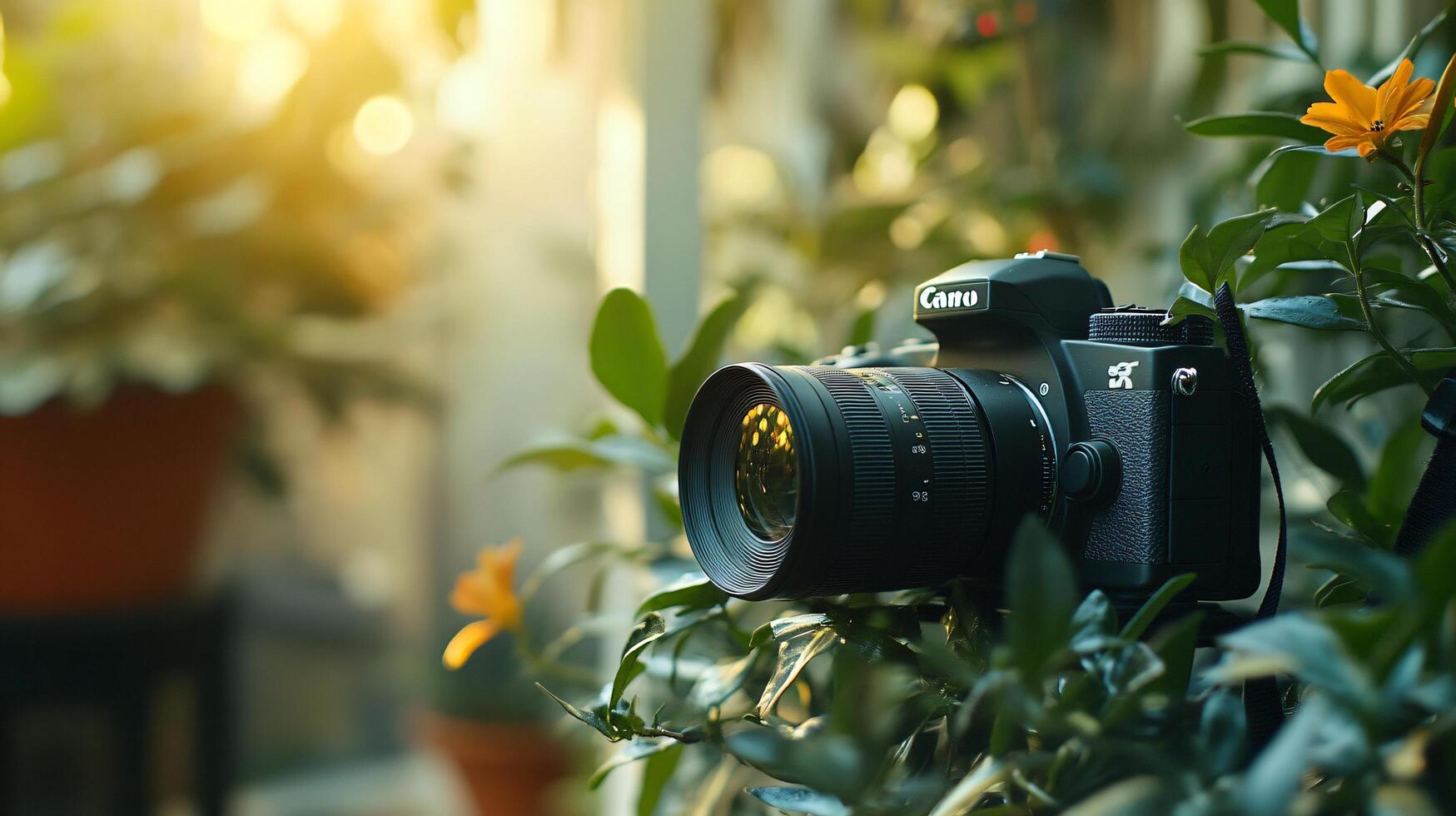 A Canon camera is sitting on a plant photo