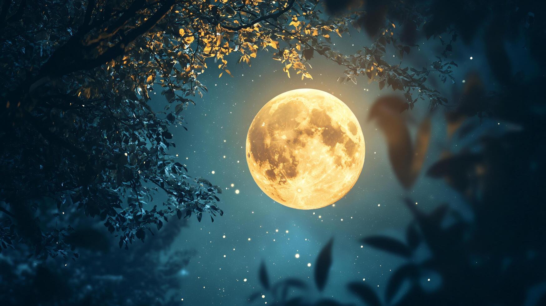 A large yellow moon is shining brightly in the night sky photo