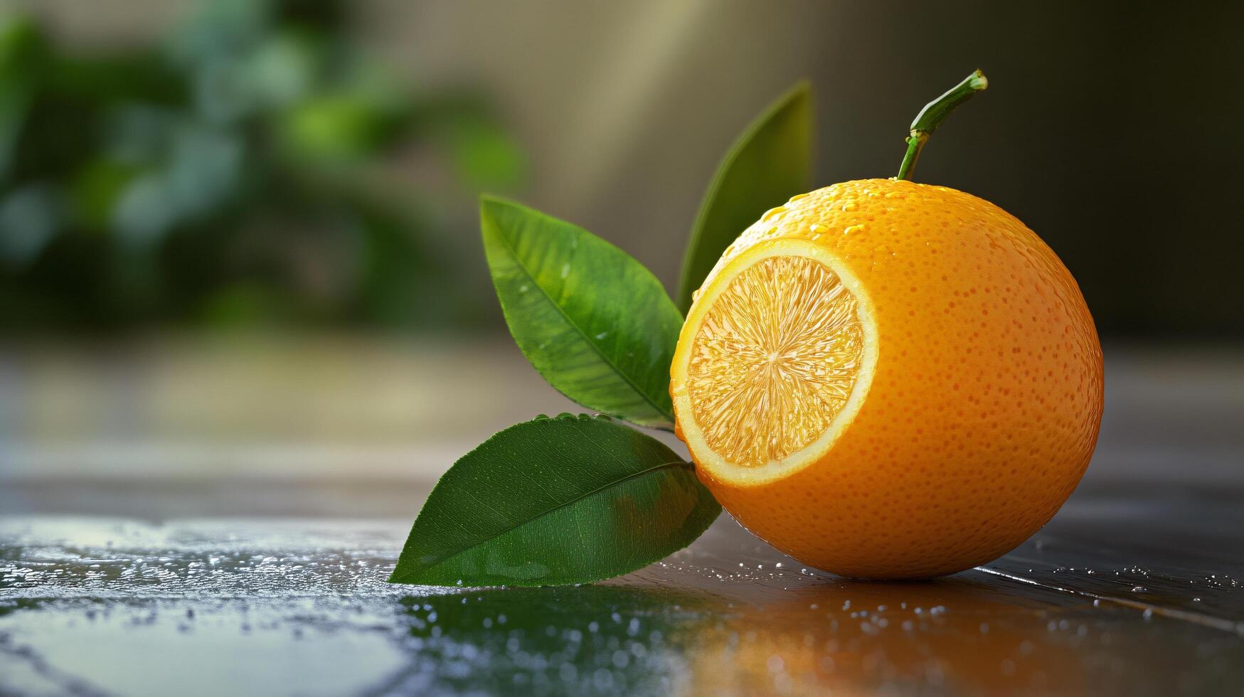 A close up of an orange with a leaf on top photo