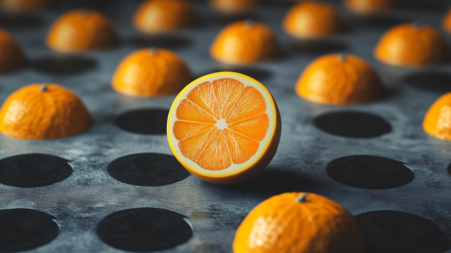 A single orange is cut in half and placed in the middle of a row of oranges photo