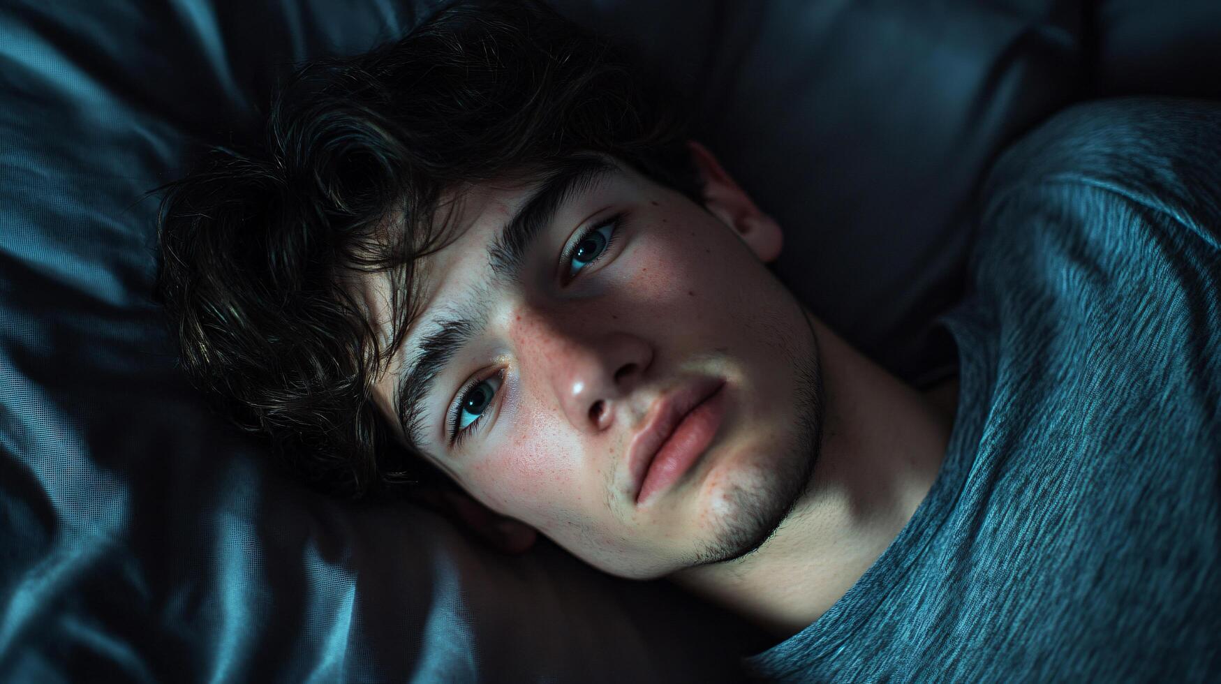 A man is laying on a bed with his head tilted to the side photo