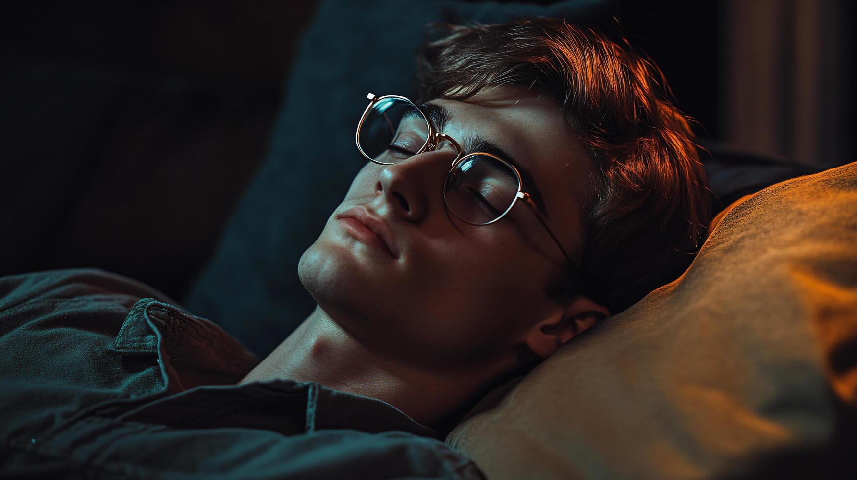 A man is sleeping on a bed with a pillow and glasses photo