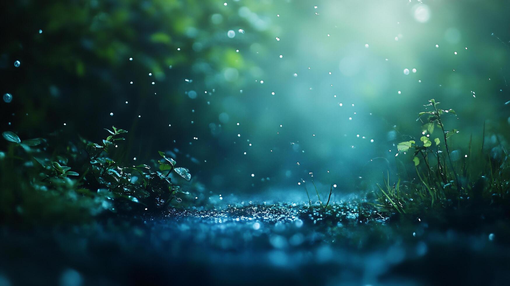 A forest with a lot of rain and water droplets falling from the sky photo
