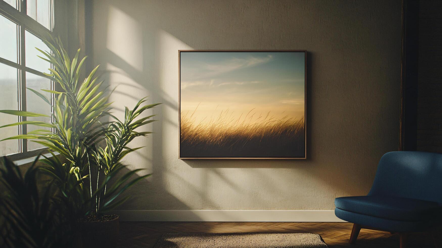 A framed picture of a field with a blue chair in the background photo