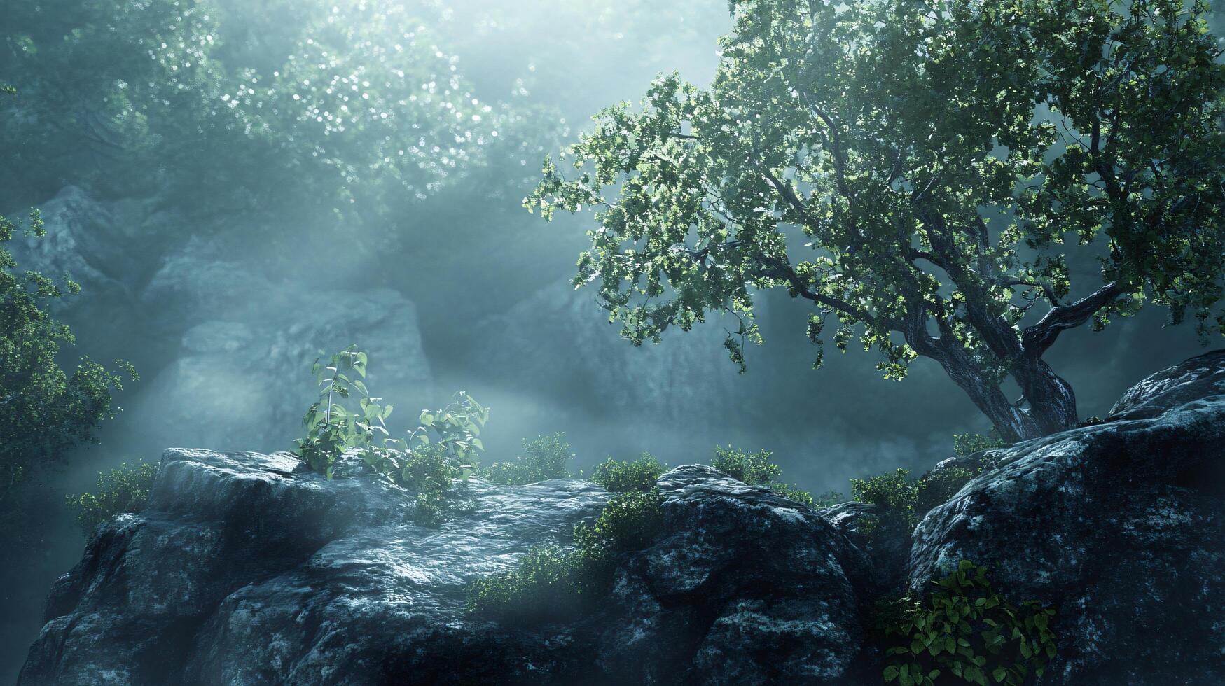 A forest scene with a tree in the foreground and a rocky area in the background photo