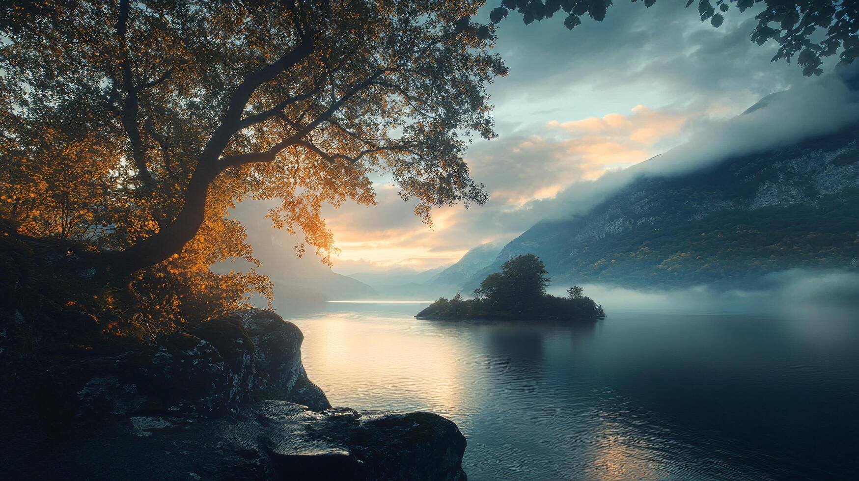 A beautiful lake with a tree in the foreground photo